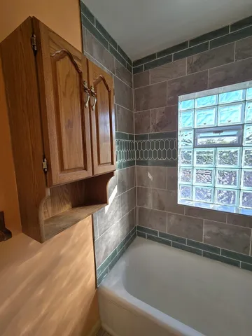 a bathroom with a bathtub and a shower