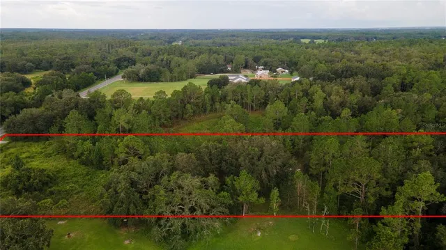 an aerial view of residential houses with outdoor space and trees