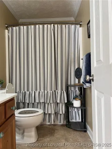 a bathroom with a toilet a sink and curtain