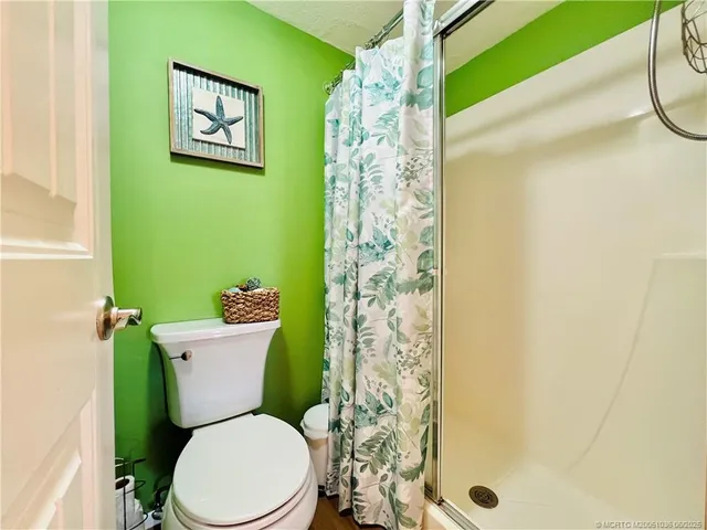 a white toilet sitting next to a shower curtain