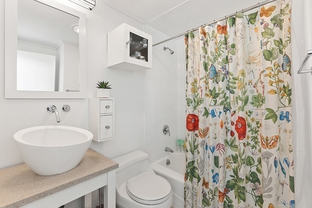 40 Rutland Square, Unit 5 Boston, MA 02118 - Photo 11 of 19 a bathroom with a sink a toilet and shower curtain