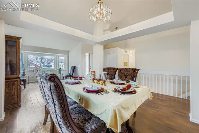 a view of a dining room with furniture
