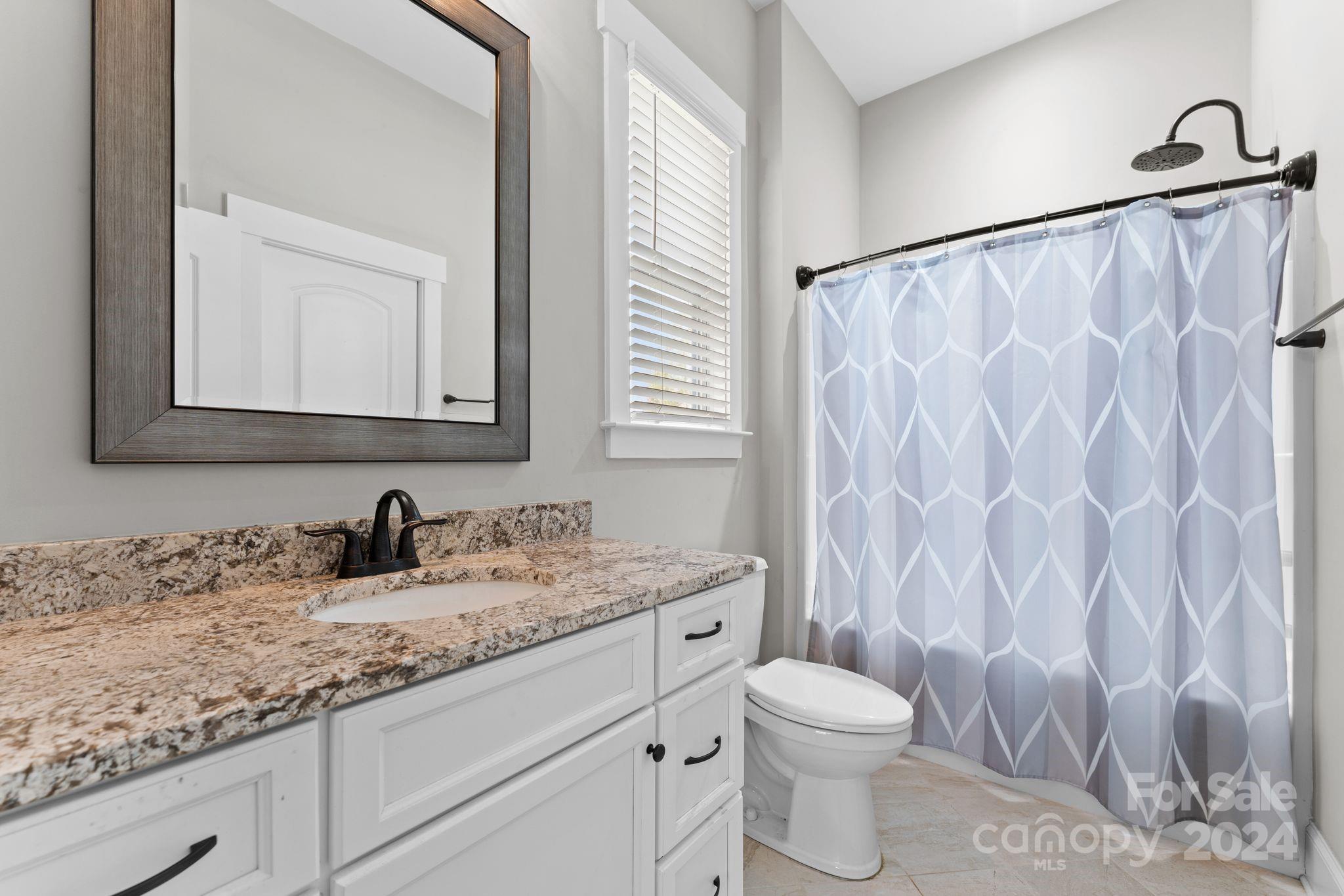 6084 Chimney Bluff Road Lancaster, SC 29720 - Photo 29 of 39 a bathroom with a granite countertop sink a toilet and a mirror