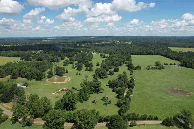 an aerial view of a houses with outdoor space and trees all around