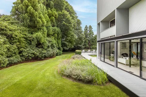 a view of a backyard with large trees