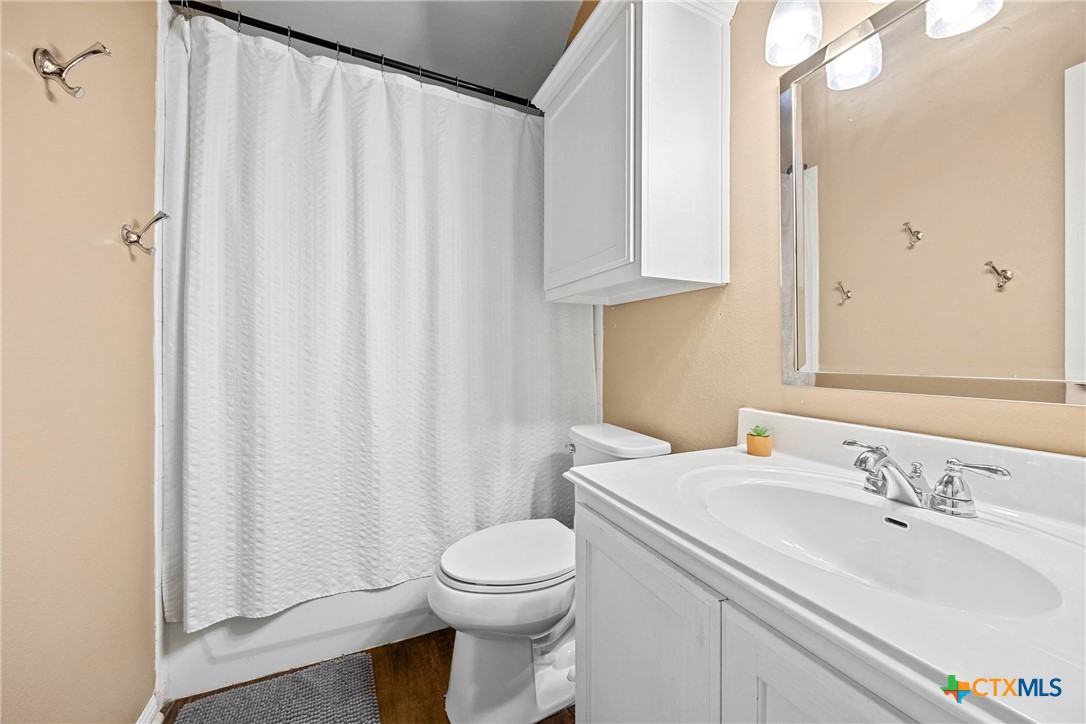 350 Lehne Road Bertram, TX 78605 - Photo 19 of 33 a bathroom with a sink a toilet and shower curtain