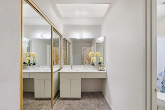 a bathroom with a sink double vanity and a mirror