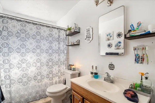 a bathroom with a sink a toilet and a shower curtain