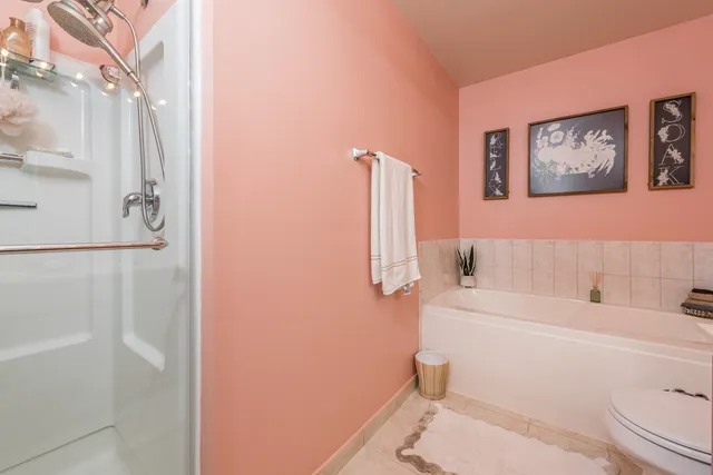 a bathroom with a toilet and a shower