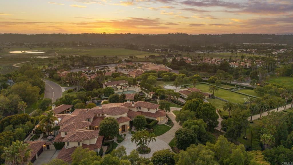 an aerial view of residential houses with outdoor space and trees