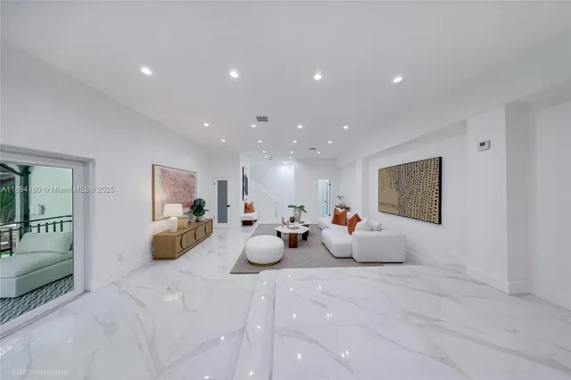 a large room with a bed