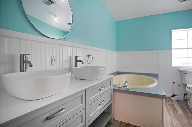 a bathroom with a sink and a mirror