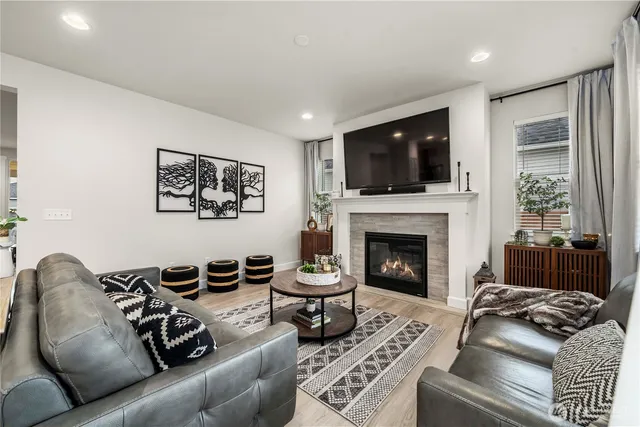 a living room with furniture window and a fireplace