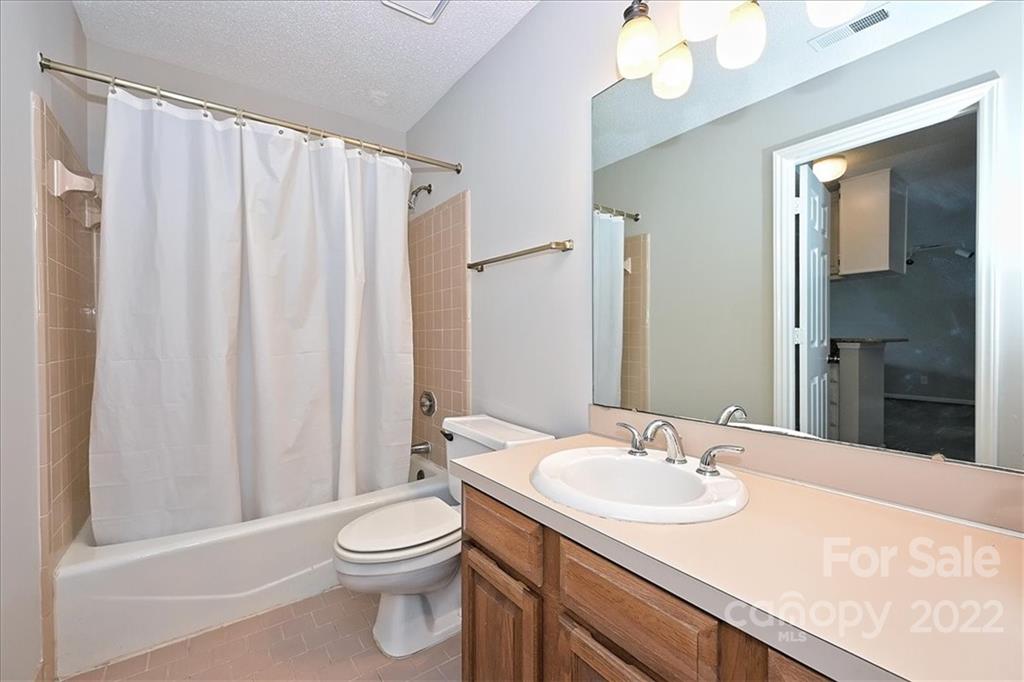 226 Queens Road, Unit 78 Charlotte, NC 28204 - Photo 29 of 32 a bathroom with a sink a toilet and shower curtain