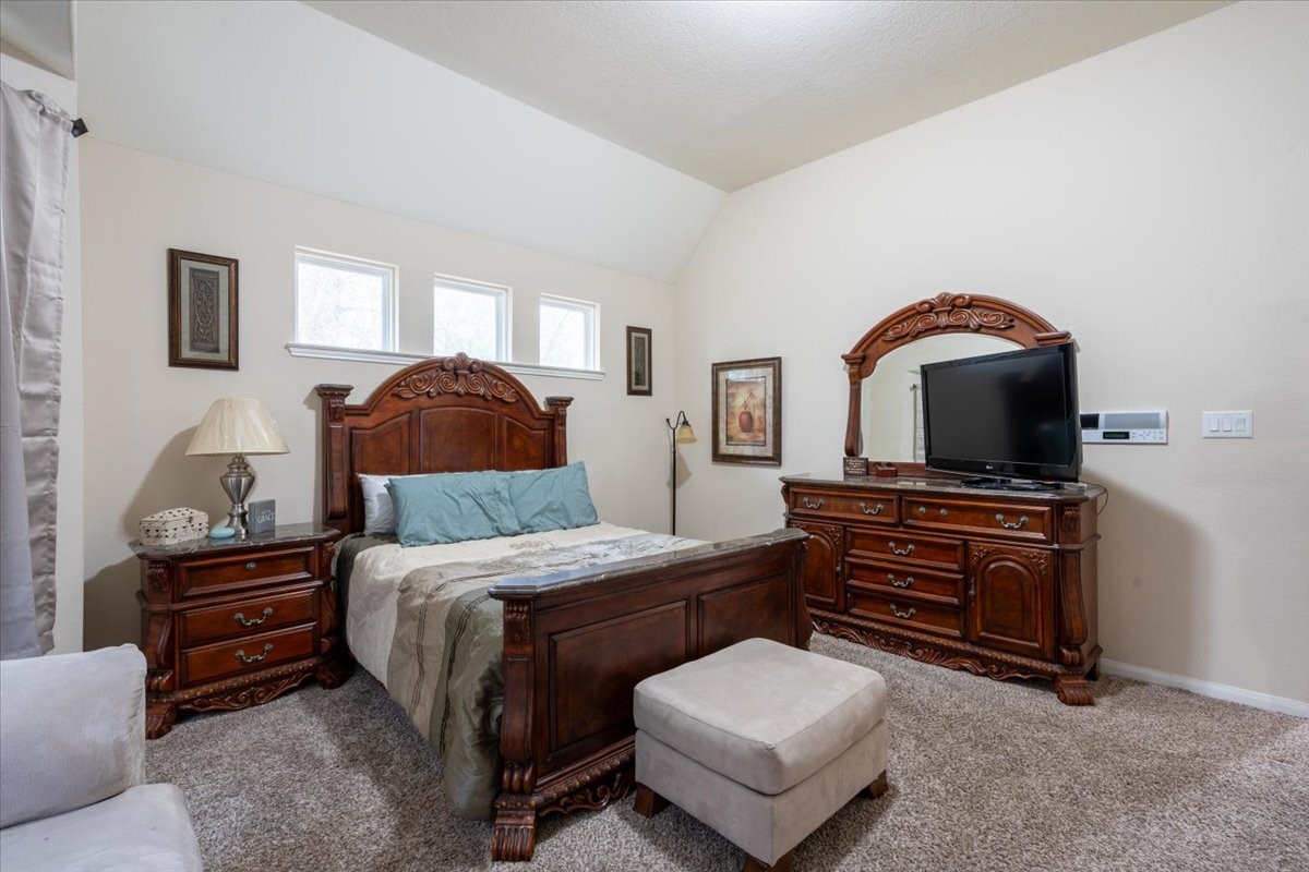 22002 Flashing Ridge Spring, TX 77389 - Photo 15 of 43 This bedroom features elegant wooden furniture with a carved bed, matching dressers, and a mounted TV. The space is accented by soft carpet, neutral walls, and natural light from three high windows, creating a cozy and inviting atmosphere.