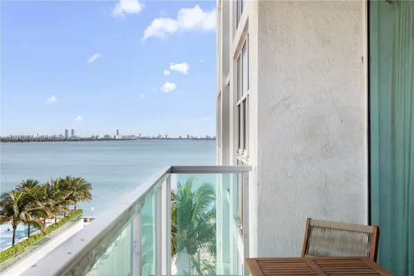a balcony with a lake view