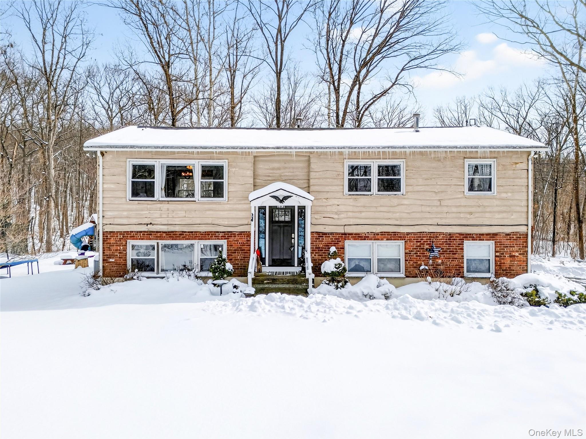 a front view of a house with a yard covered in snow
