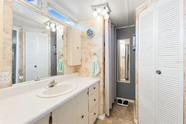 a bathroom with a sink a mirror a vanity and shower