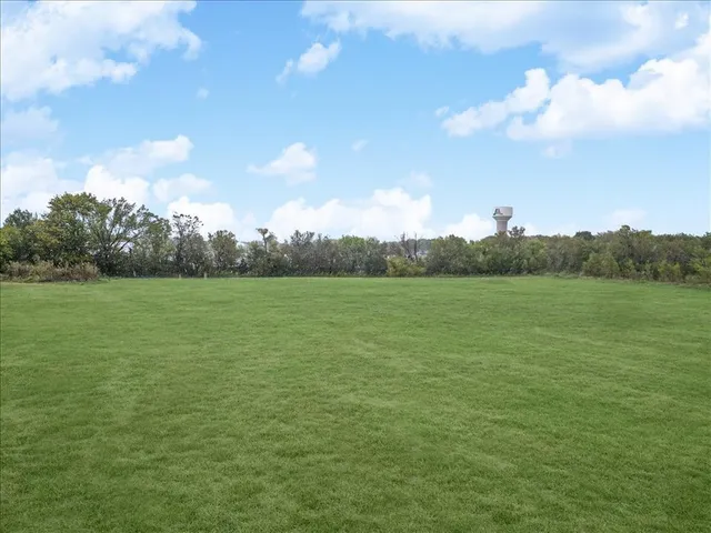 a view of a green field with trees in the background