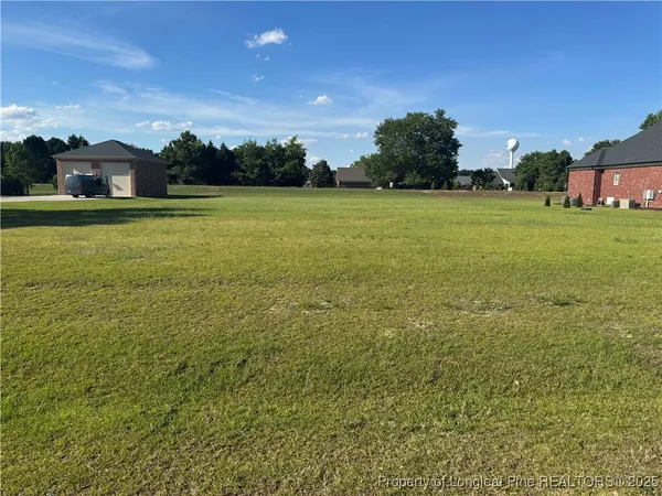 a view of a field with an trees in the background