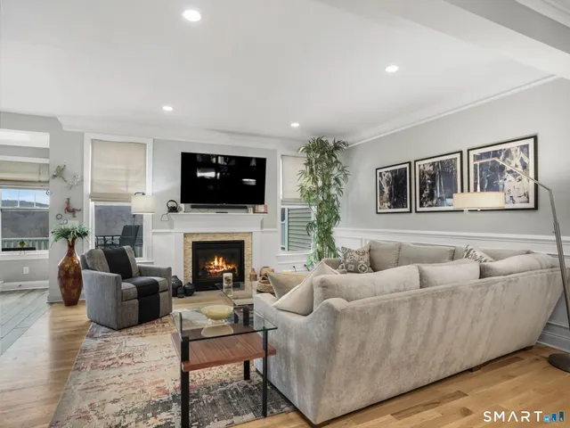 a living room with furniture a fireplace a flat screen tv and potted plant