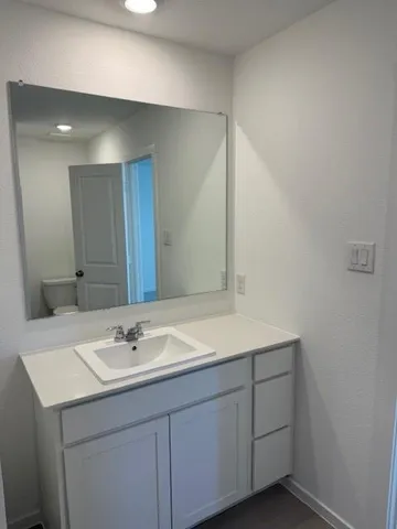 a bathroom with a sink and a mirror