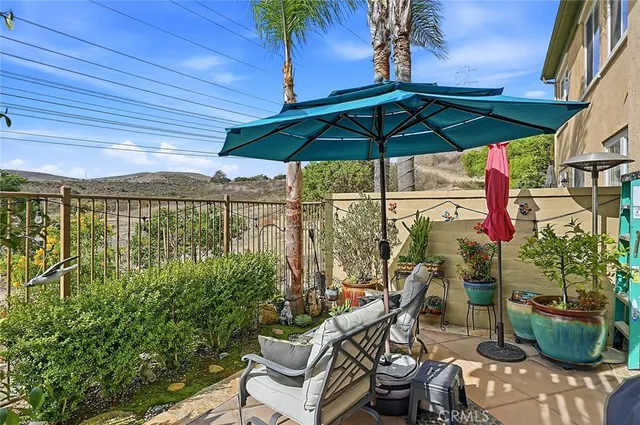 an outdoor space with furniture