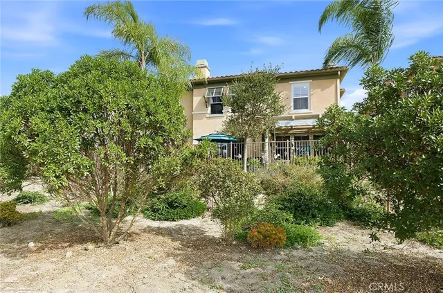 a backyard of a house with plants and tree