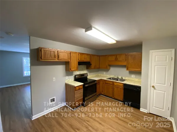 a kitchen with a sink cabinets and wooden floor