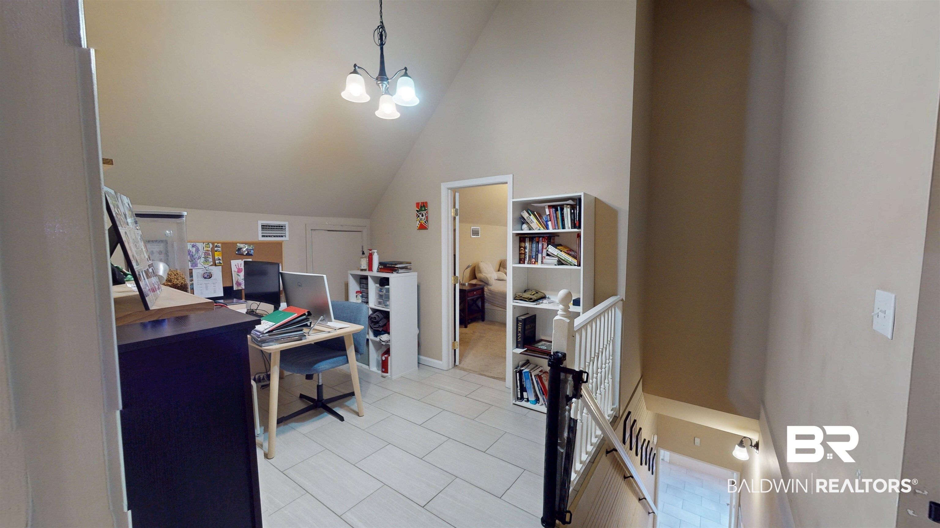 1154 New St Francis Street Mobile, AL 36604 - Photo 36 of 37 Office featuring visible vents, lofted ceiling, a notable chandelier, and light tile patterned flooring