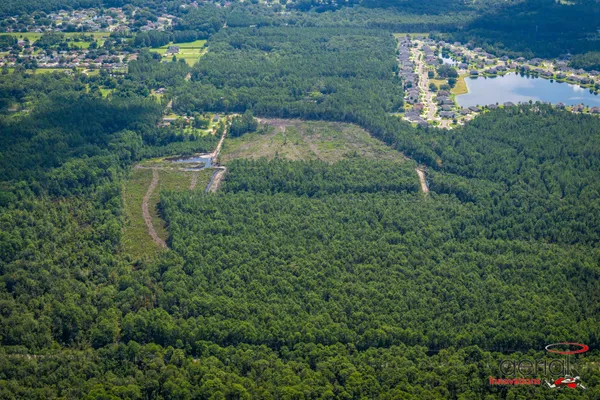a bird view of a house with a lush green forest