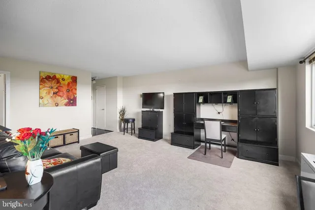 a living room with furniture potted plant and kitchen view