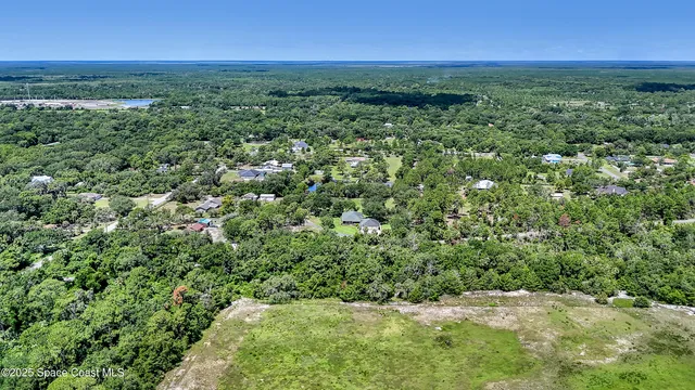 an aerial view of residential houses with outdoor space and trees