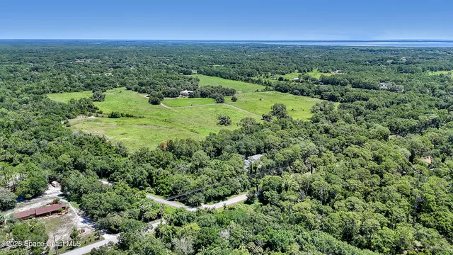an aerial view of residential houses with outdoor space and trees