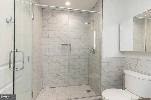 a bathroom with a shower and toilet
