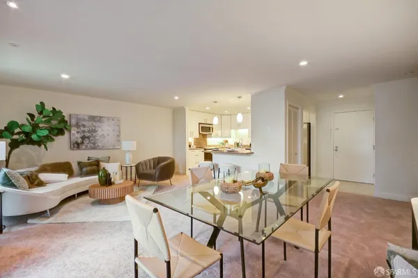 a view of a dining room with furniture