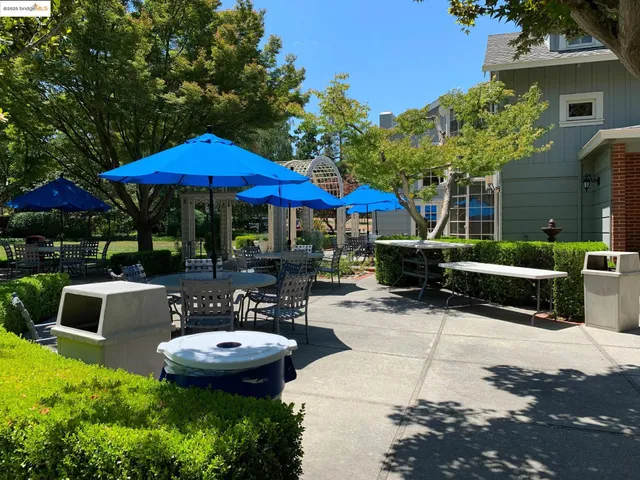 a view of swimming pool with chairs and umbrella