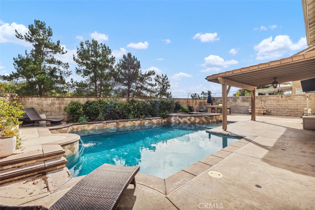 a view of a swimming pool with a patio and a garden