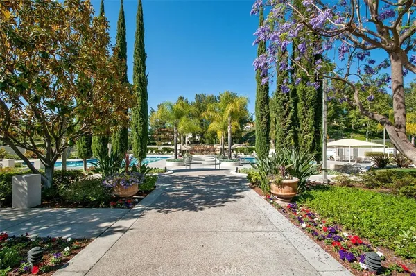 a garden view with a seating space