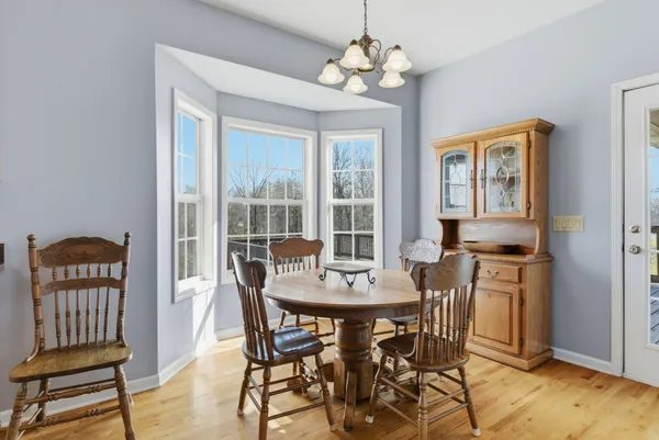 a view of a dining room with furniture window and outside view