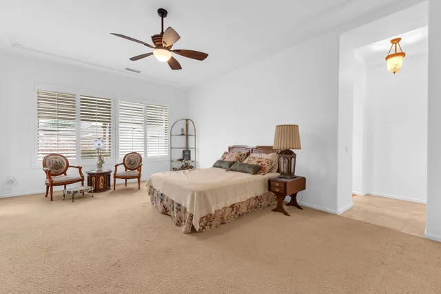 a bedroom with a bed and a ceiling fan