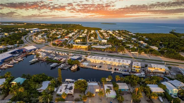 an aerial view of residential houses with outdoor space and ocean view
