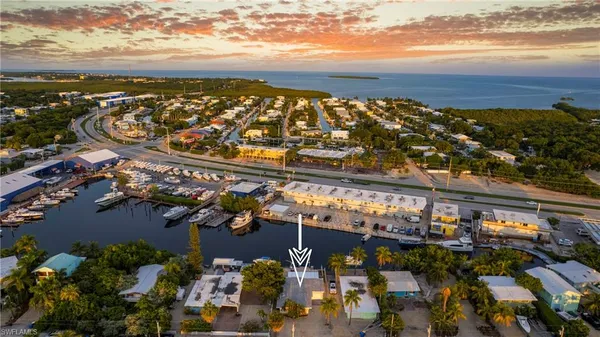an aerial view of residential houses with outdoor space and ocean view