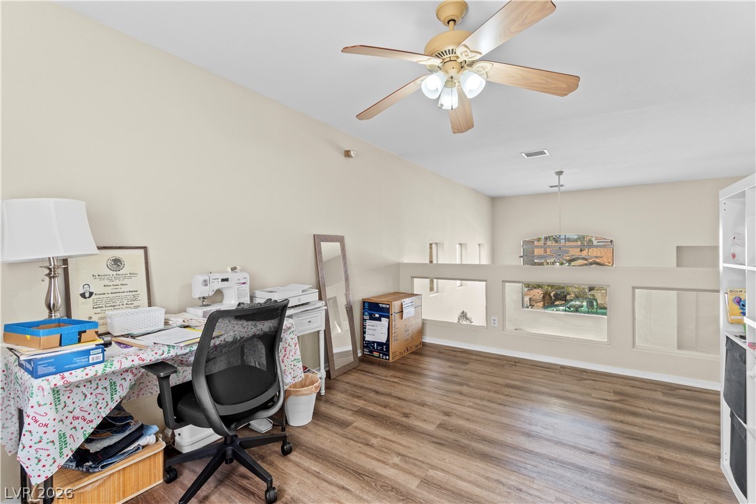 1419 Red Sunset Avenue Henderson, NV 89074 - Photo 15 of 35 Office featuring wood finished floors and a ceiling fan