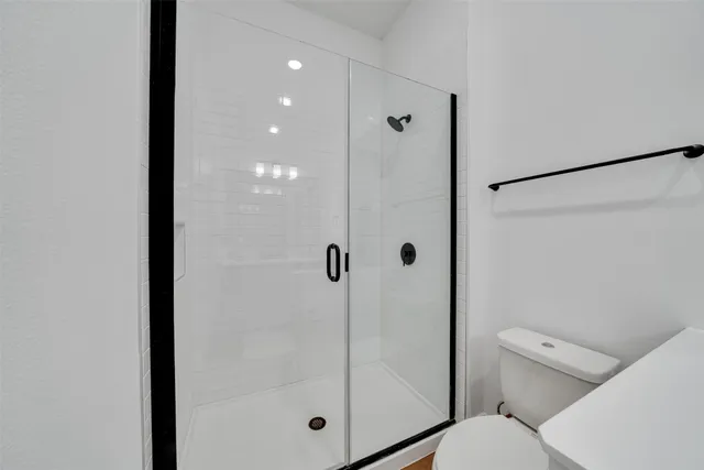 a bathroom with a shower and toilet