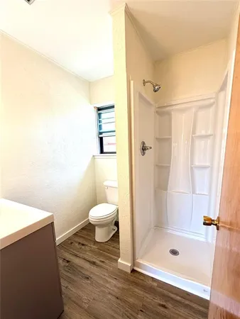 a bathroom with a shower and a toilet