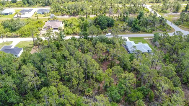 an aerial view of residential houses with outdoor space and trees