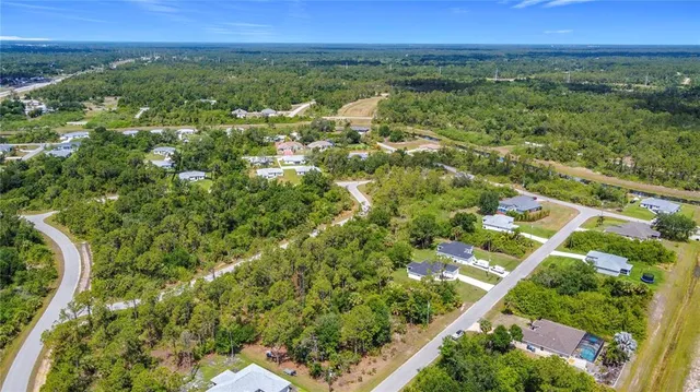 an aerial view of residential houses with outdoor space and trees