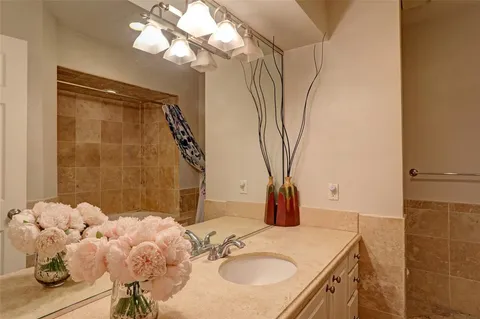 a bathroom with a granite countertop sink a mirror and shower