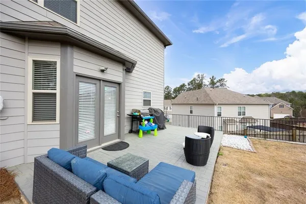 a view of a terrace with seating space